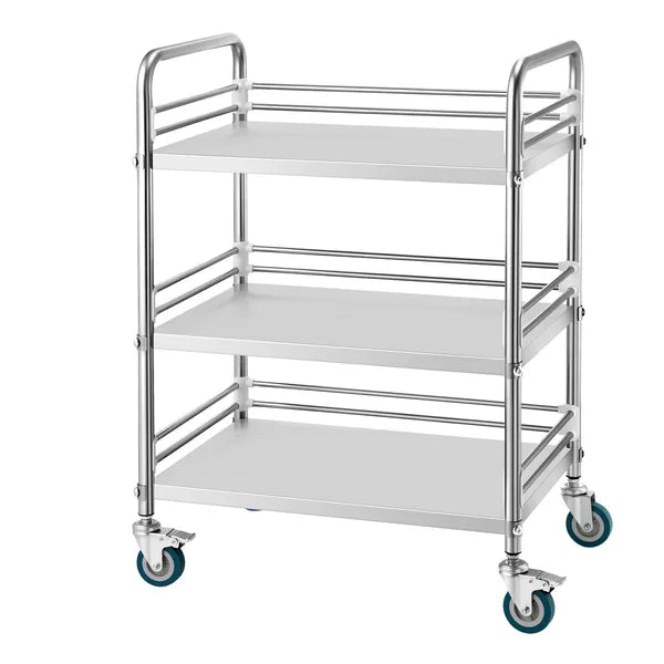3-Tier Rolling Lab Utility Cart, Stainless Steel Mobile Storage Trolley with Lockable Silent Wheels, Heavy Duty Organizer for Lab, Clinic, Salon