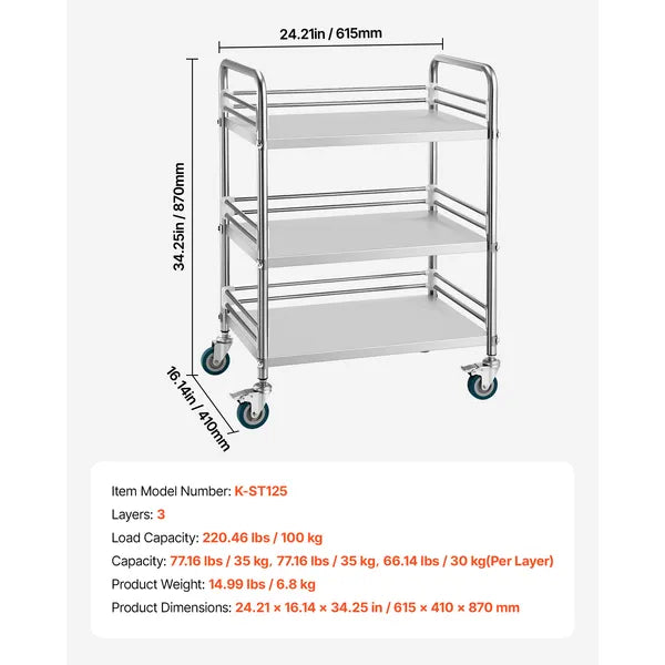 3-Tier Rolling Lab Utility Cart, Stainless Steel Mobile Storage Trolley with Lockable Silent Wheels, Heavy Duty Organizer for Lab, Clinic, Salon