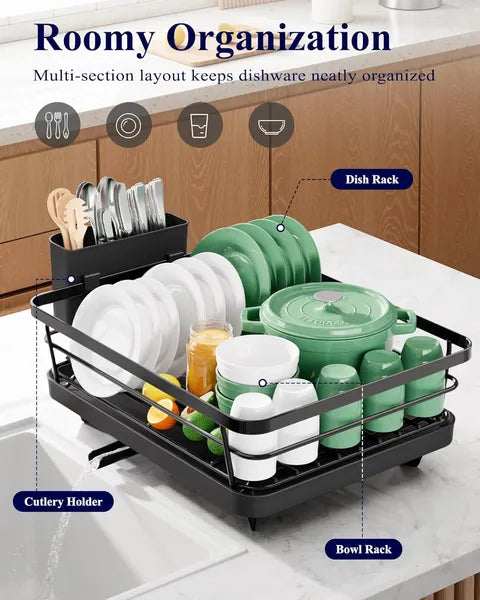 Aeelleea Stainless Steel Dish Drying Rack, 12×15.5 Inch Sink Dish Organizer with Utensil Holder, Black Kitchen Counter Storage Rack for Apartment Home