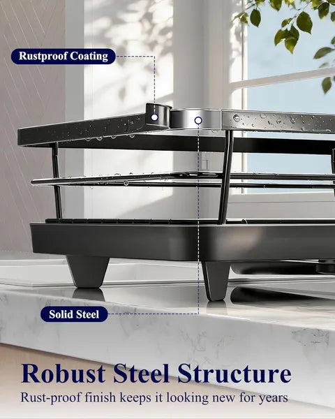 Aeelleea Stainless Steel Dish Drying Rack, 12×15.5 Inch Sink Dish Organizer with Utensil Holder, Black Kitchen Counter Storage Rack for Apartment Home