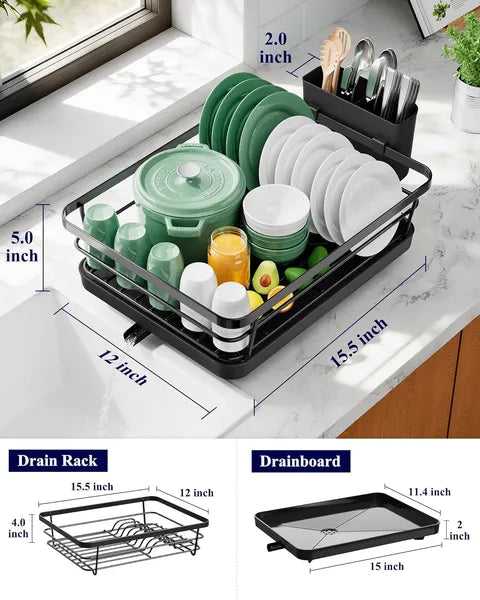 Aeelleea Stainless Steel Dish Drying Rack, 12×15.5 Inch Sink Dish Organizer with Utensil Holder, Black Kitchen Counter Storage Rack for Apartment Home