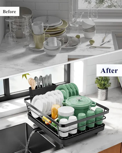 Aeelleea Stainless Steel Dish Drying Rack, 12×15.5 Inch Sink Dish Organizer with Utensil Holder, Black Kitchen Counter Storage Rack for Apartment Home