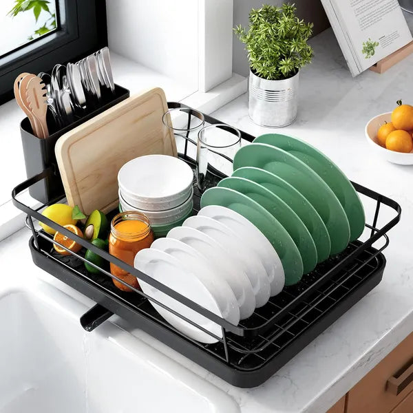 Aeelleea Stainless Steel Dish Drying Rack, 12×15.5 Inch Sink Dish Organizer with Utensil Holder, Black Kitchen Counter Storage Rack for Apartment Home