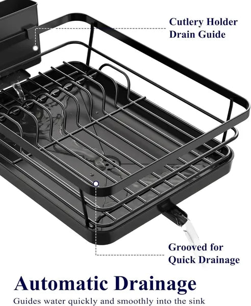 Aeelleea Stainless Steel Dish Drying Rack, 12×15.5 Inch Sink Dish Organizer with Utensil Holder, Black Kitchen Counter Storage Rack for Apartment Home
