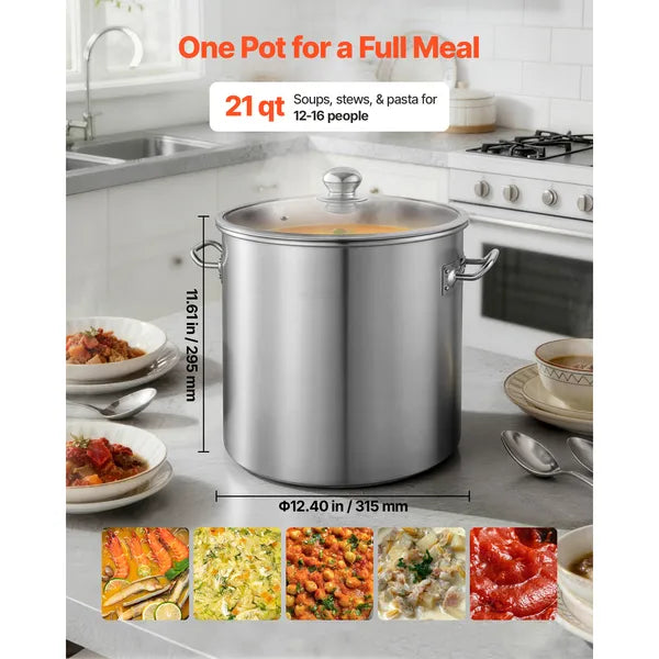 AEELLEEA 21 Quart Stainless Steel Stock Pot with Glass Lid, 3-Layer Base Large Cooking Pot for Soup Stew All Cooktops
