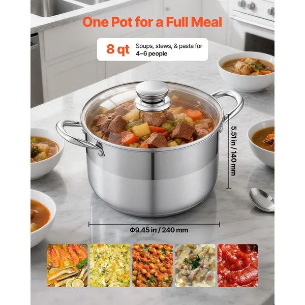 8 Quart Stainless Steel Stock Pot with Lid, Large Capacity Soup Pot for Induction, Gas & Electric Stovetop