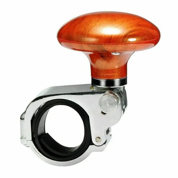 Steering Wheel Spinner Knob with Wood-Grain Handle, Universal Clamp-On Driving Aid for Cars & Trucks, Silver/Brown