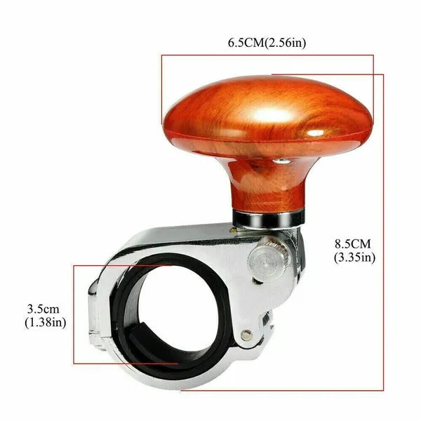 Steering Wheel Spinner Knob with Wood-Grain Handle, Universal Clamp-On Driving Aid for Cars & Trucks, Silver/Brown