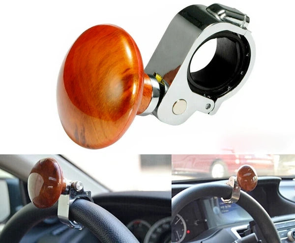 Steering Wheel Spinner Knob with Wood-Grain Handle, Universal Clamp-On Driving Aid for Cars & Trucks, Silver/Brown