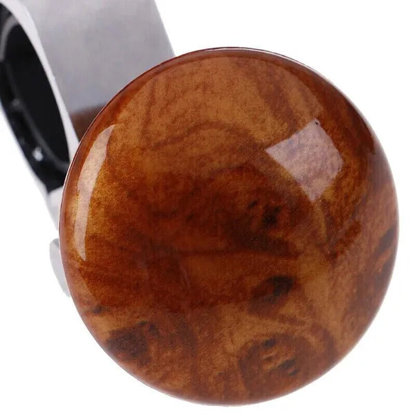 Steering Wheel Spinner Knob with Wood-Grain Handle, Universal Clamp-On Driving Aid for Cars & Trucks, Silver/Brown
