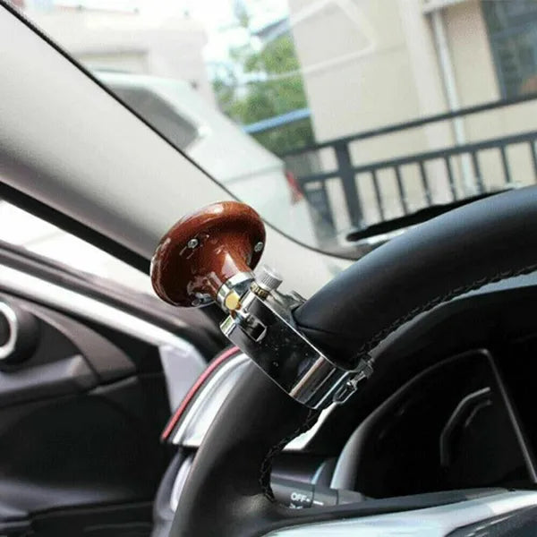 Steering Wheel Spinner Knob with Wood-Grain Handle, Universal Clamp-On Driving Aid for Cars & Trucks, Silver/Brown