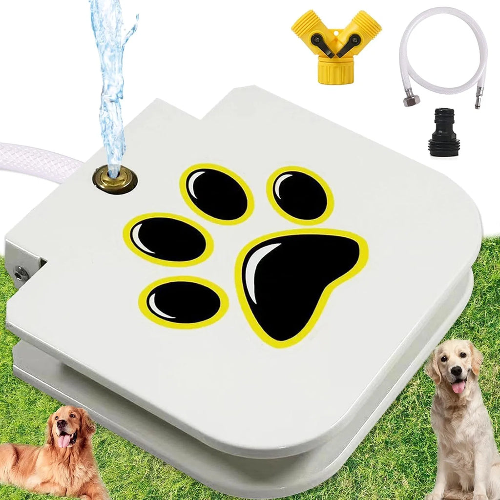 Step-Activated Dog Water Fountain, Outdoor Pet Drinking Fountain with Garden Hose & 2-Way Splitter - White