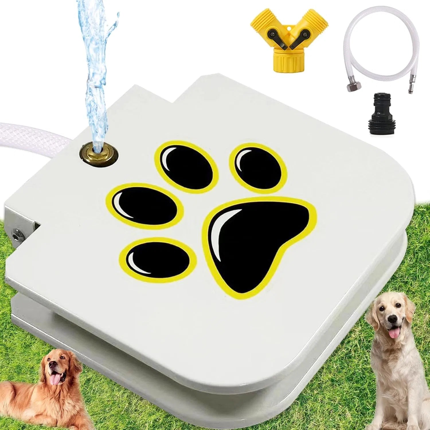 Step-Activated Dog Water Fountain, Outdoor Pet Drinking Fountain with Garden Hose & 2-Way Splitter - White