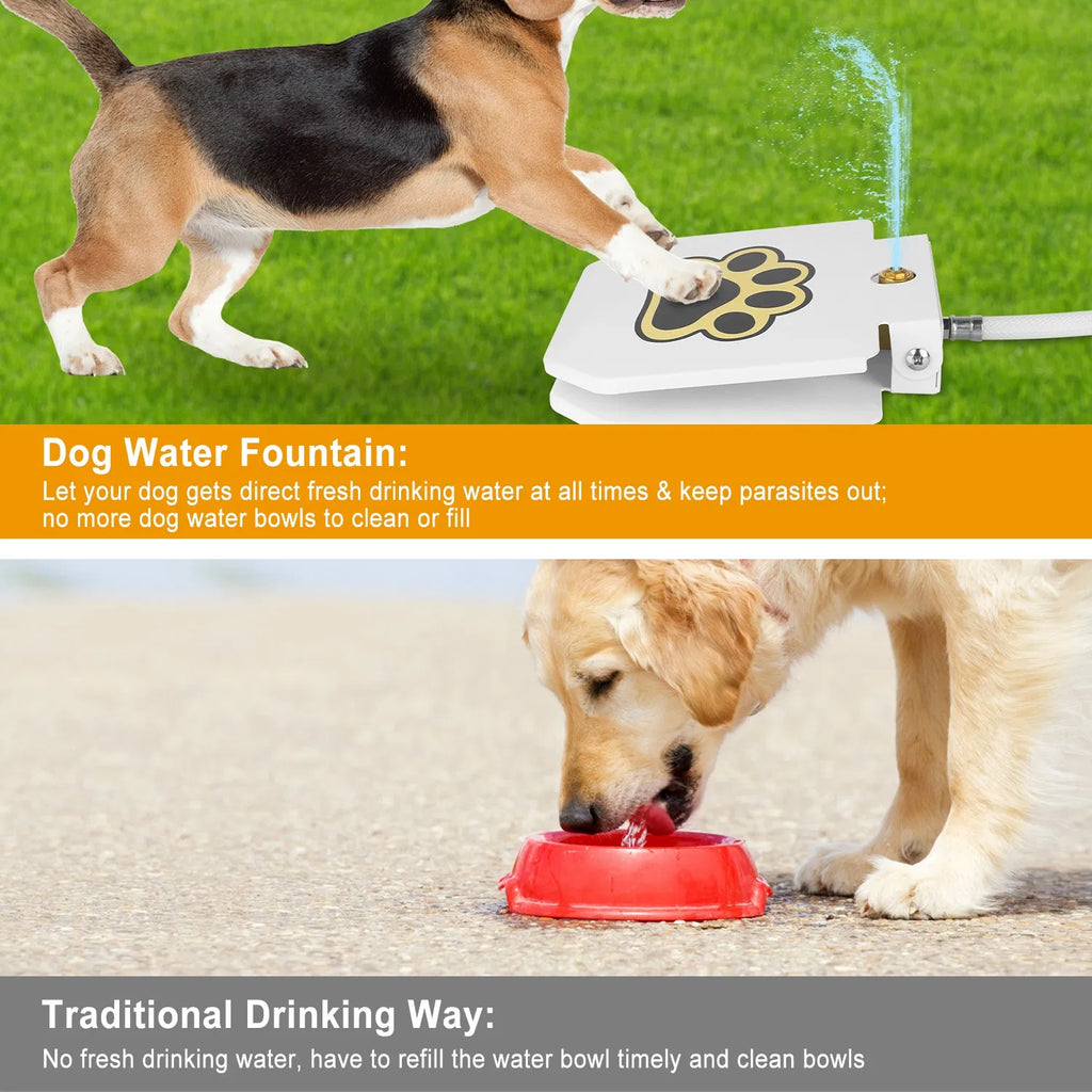 Step-Activated Dog Water Fountain, Outdoor Pet Drinking Fountain with Garden Hose & 2-Way Splitter - White