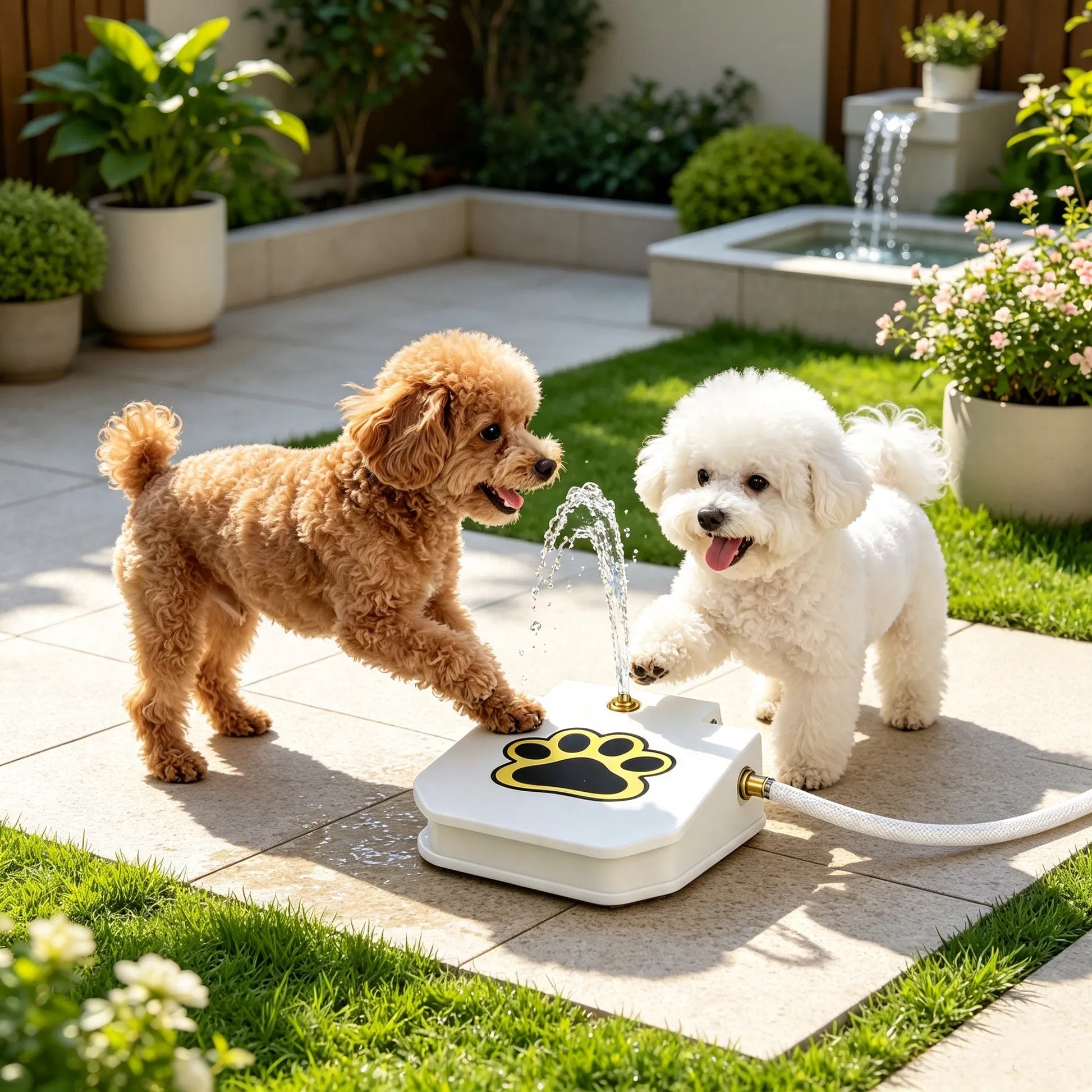 Step-Activated Dog Water Fountain, Outdoor Pet Drinking Fountain with Garden Hose & 2-Way Splitter - White