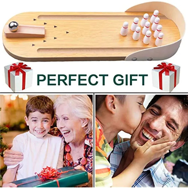 Table Top Mini Wooden Bowling Game Set, Desktop Tiny Bowling Alley, Stress Relief Finger Toy, Fun Gag Gift for Kids Teens Men & Women