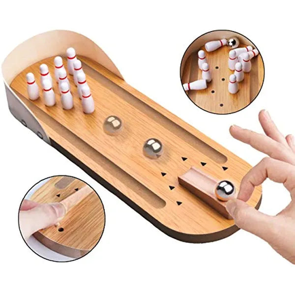 Table Top Mini Wooden Bowling Game Set, Desktop Tiny Bowling Alley, Stress Relief Finger Toy, Fun Gag Gift for Kids Teens Men & Women