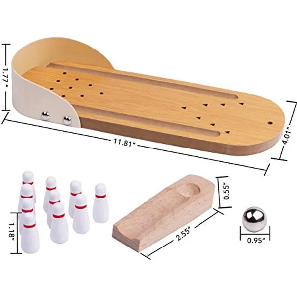 Table Top Mini Wooden Bowling Game Set, Desktop Tiny Bowling Alley, Stress Relief Finger Toy, Fun Gag Gift for Kids Teens Men & Women