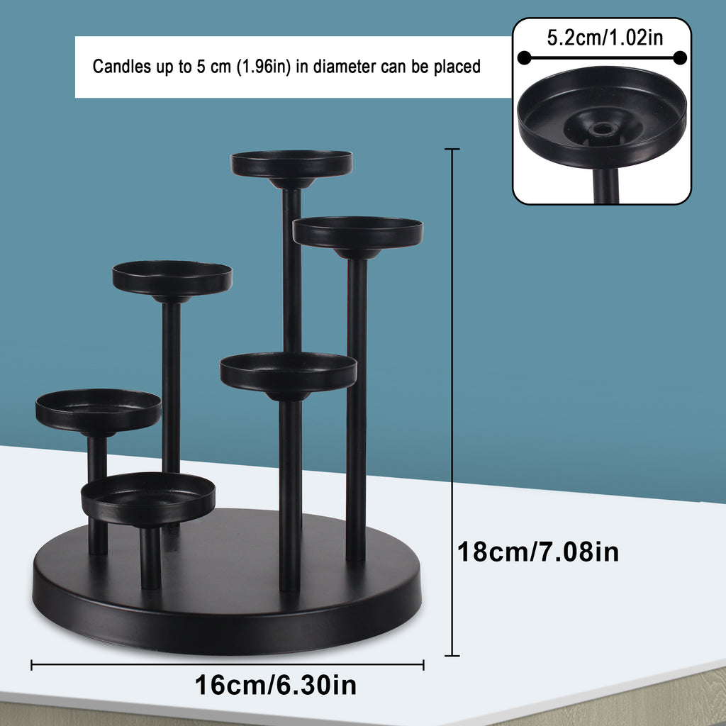 6-Arms Black Metal Tealight Candle Holder Tray, Set of 6 Candlestick Holders, Table Centerpiece Decor for Dining Room