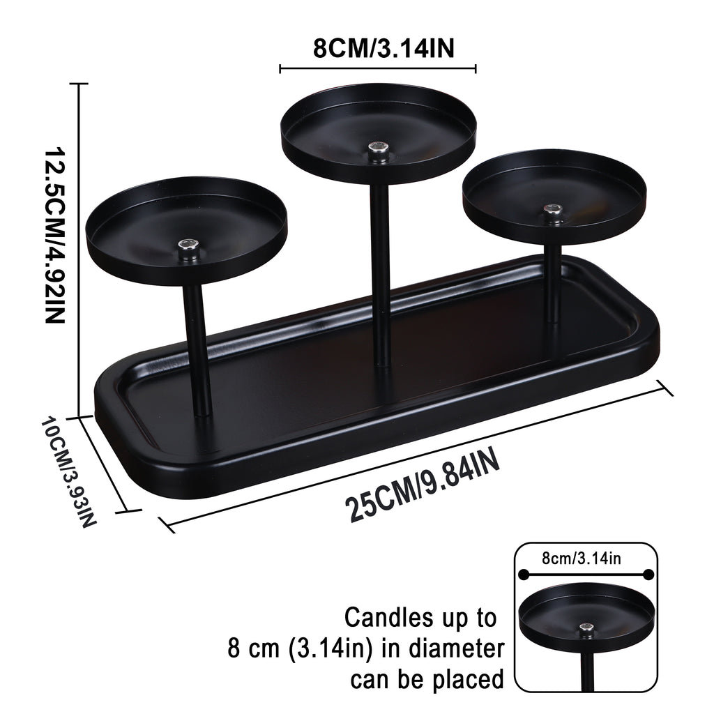 3-Arms Black Metal Pillar Candle Holder Tray, Set of 3 Candlestick Holders, Table Centerpiece Decor for Dining Room