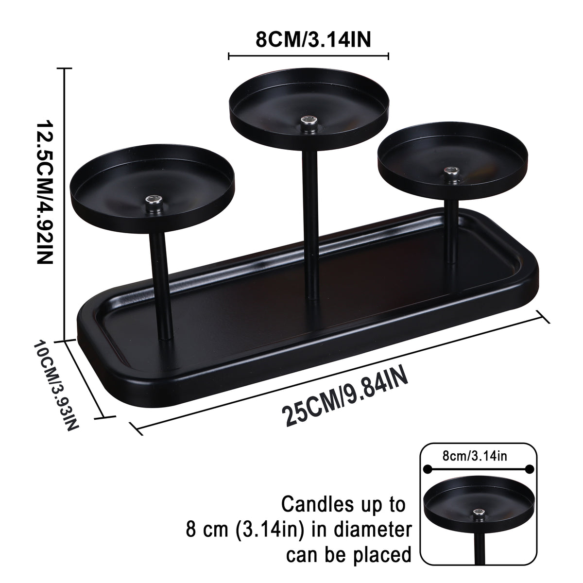 3-Arms Black Metal Pillar Candle Holder Tray, Set of 3 Candlestick Holders, Table Centerpiece Decor for Dining Room