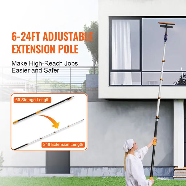 AEELLEEA 24 Ft Telescopic Extension Pole, Aluminum Alloy Adjustable Cleaning Pole with Universal Thread for Window Ceiling Painting