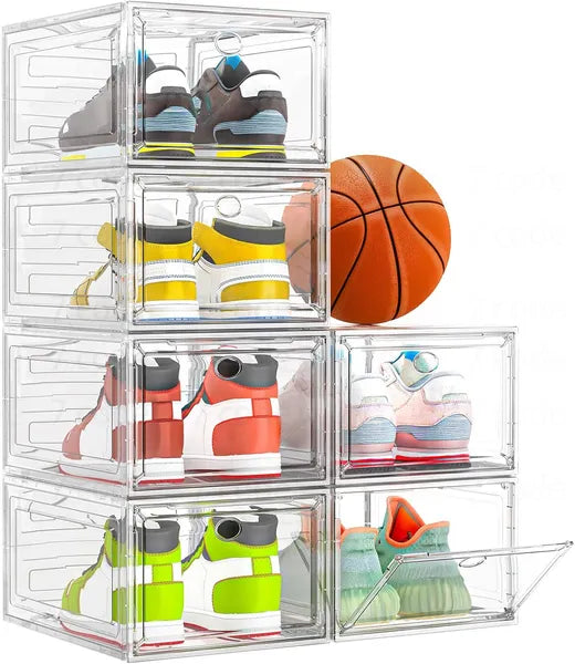 6 Pack Clear Magnetic Shoe Storage Boxes, Foldable Stackable Plastic Shoe Organizer Rack for Closet, Sneaker & Boot Storage
