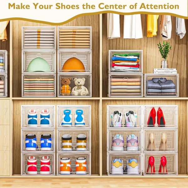6 Pack Clear Magnetic Shoe Storage Boxes, Foldable Stackable Plastic Shoe Organizer Rack for Closet, Sneaker & Boot Storage