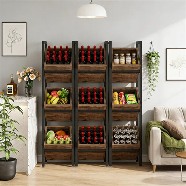 Aeelleea 3 Tier Freestanding Wooden Storage Basket Rack 14.56×11.81×51.18in, Modern Vertical Organizer for Wine Fruit Veggies Home Kitchen Decor