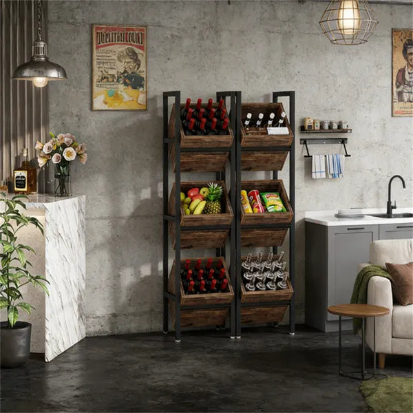 Aeelleea 3 Tier Freestanding Wooden Storage Basket Rack 14.56×11.81×51.18in, Modern Vertical Organizer for Wine Fruit Veggies Home Kitchen Decor