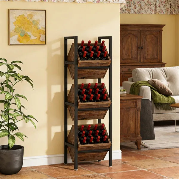 Aeelleea 3 Tier Freestanding Wooden Storage Basket Rack 14.56×11.81×51.18in, Modern Vertical Organizer for Wine Fruit Veggies Home Kitchen Decor