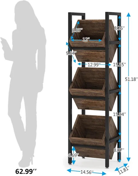 Aeelleea 3 Tier Freestanding Wooden Storage Basket Rack 14.56×11.81×51.18in, Modern Vertical Organizer for Wine Fruit Veggies Home Kitchen Decor