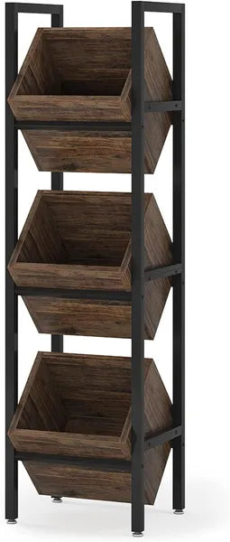 Aeelleea 3 Tier Freestanding Wooden Storage Basket Rack 14.56×11.81×51.18in, Modern Vertical Organizer for Wine Fruit Veggies Home Kitchen Decor