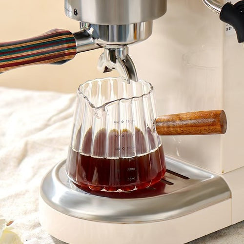 Mini 180ml Glass Coffee Cup with Wood Handle – Italian Measuring Milk Cup (6.3"x4.7"x4.3")