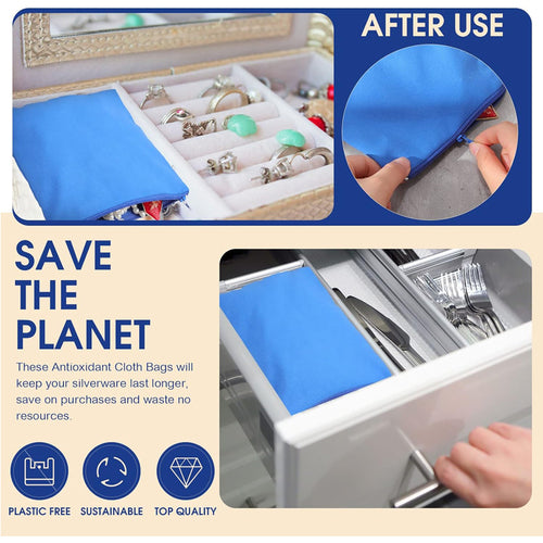 8ct Navy Blue Anti-Tarnish Silver Jewelry Storage Bags - 5.9"x5.9" Soft Velvet Zipper Pouches
