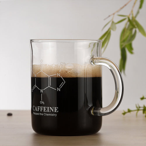 15oz Caffeine Molecule Glass Mug - Heat Resistant Borosilicate Beaker Cup with Handle and Scale