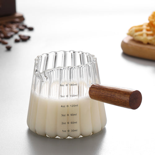 Mini 180ml Glass Coffee Cup with Wood Handle – Italian Measuring Milk Cup (6.3"x4.7"x4.3")