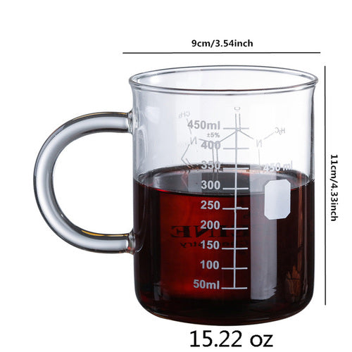15oz Caffeine Molecule Glass Mug - Heat Resistant Borosilicate Beaker Cup with Handle and Scale