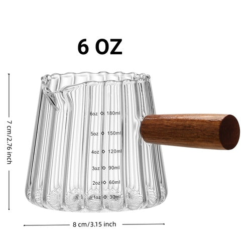 Mini 180ml Glass Coffee Cup with Wood Handle – Italian Measuring Milk Cup (6.3"x4.7"x4.3")