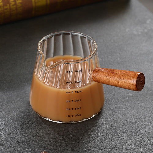 Mini 180ml Glass Coffee Cup with Wood Handle – Italian Measuring Milk Cup (6.3"x4.7"x4.3")