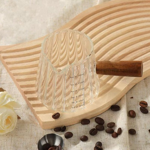 Mini 180ml Glass Coffee Cup with Wood Handle – Italian Measuring Milk Cup (6.3"x4.7"x4.3")