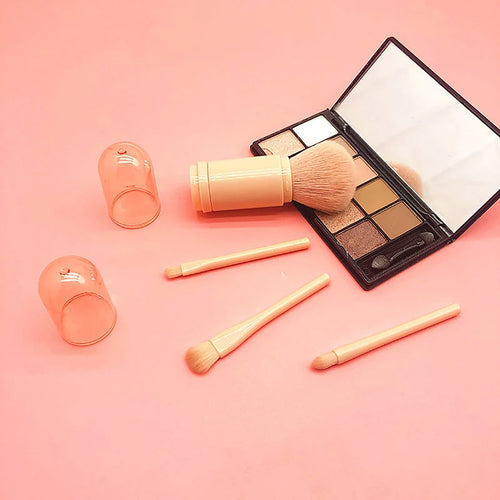 4-in-1 Travel Makeup Brush Set – Compact, Dual-Cap Synthetic Brushes for On-the-Go