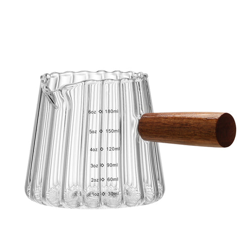 Mini 180ml Glass Coffee Cup with Wood Handle – Italian Measuring Milk Cup (6.3"x4.7"x4.3")
