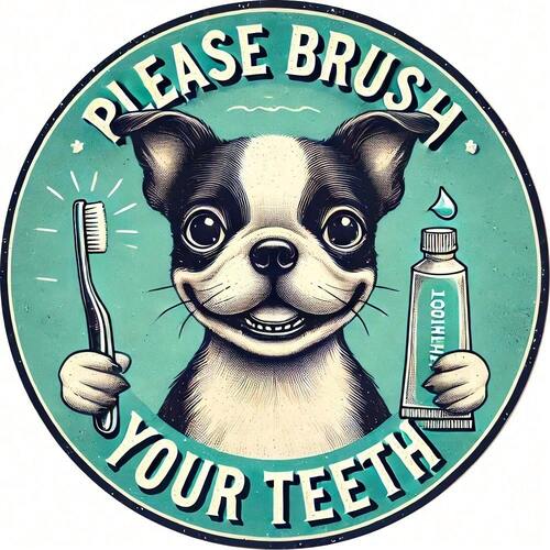 8 Inch Retro Boston Terrier Brushing Teeth Aluminum Sign Waterproof Bathroom Decor