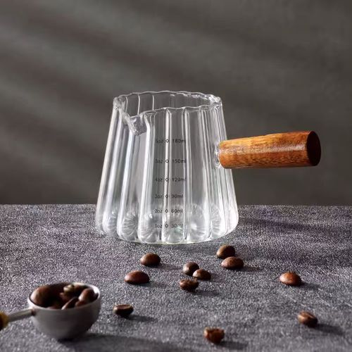 Mini 180ml Glass Coffee Cup with Wood Handle – Italian Measuring Milk Cup (6.3"x4.7"x4.3")