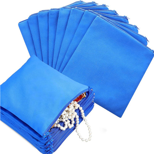 8ct Navy Blue Anti-Tarnish Silver Jewelry Storage Bags - 5.9"x5.9" Soft Velvet Zipper Pouches