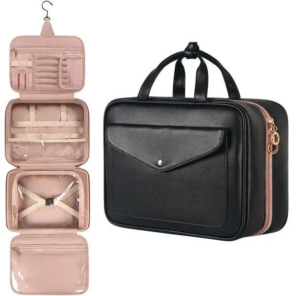 PU Leather Hanging Travel Toiletry Bag, Large Capacity Waterproof Makeup Organizer Case with Hook, Portable Cosmetic Storage Bag for Vacation Business Trip
