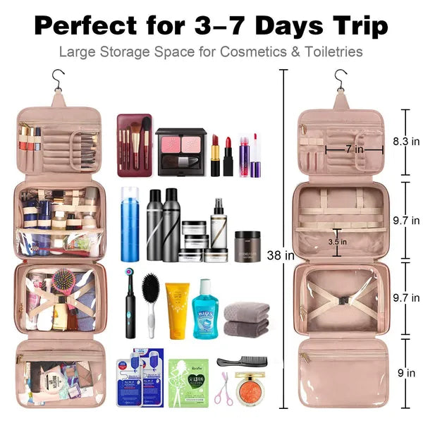 PU Leather Hanging Travel Toiletry Bag, Large Capacity Waterproof Makeup Organizer Case with Hook, Portable Cosmetic Storage Bag for Vacation Business Trip