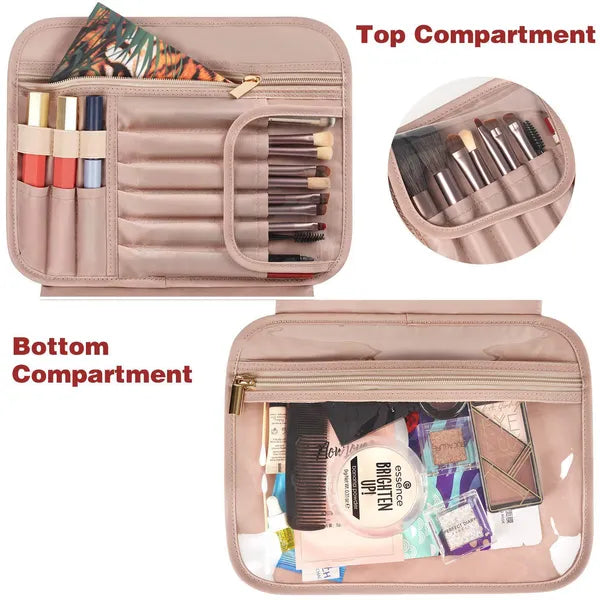 PU Leather Hanging Travel Toiletry Bag, Large Capacity Waterproof Makeup Organizer Case with Hook, Portable Cosmetic Storage Bag for Vacation Business Trip