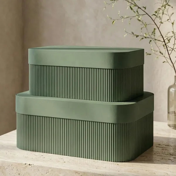 Elegant Corrugated Cardboard Storage Boxes with Lids, Set of 2, Stackable Organizer Bins for Home, Shelf & Office Decor